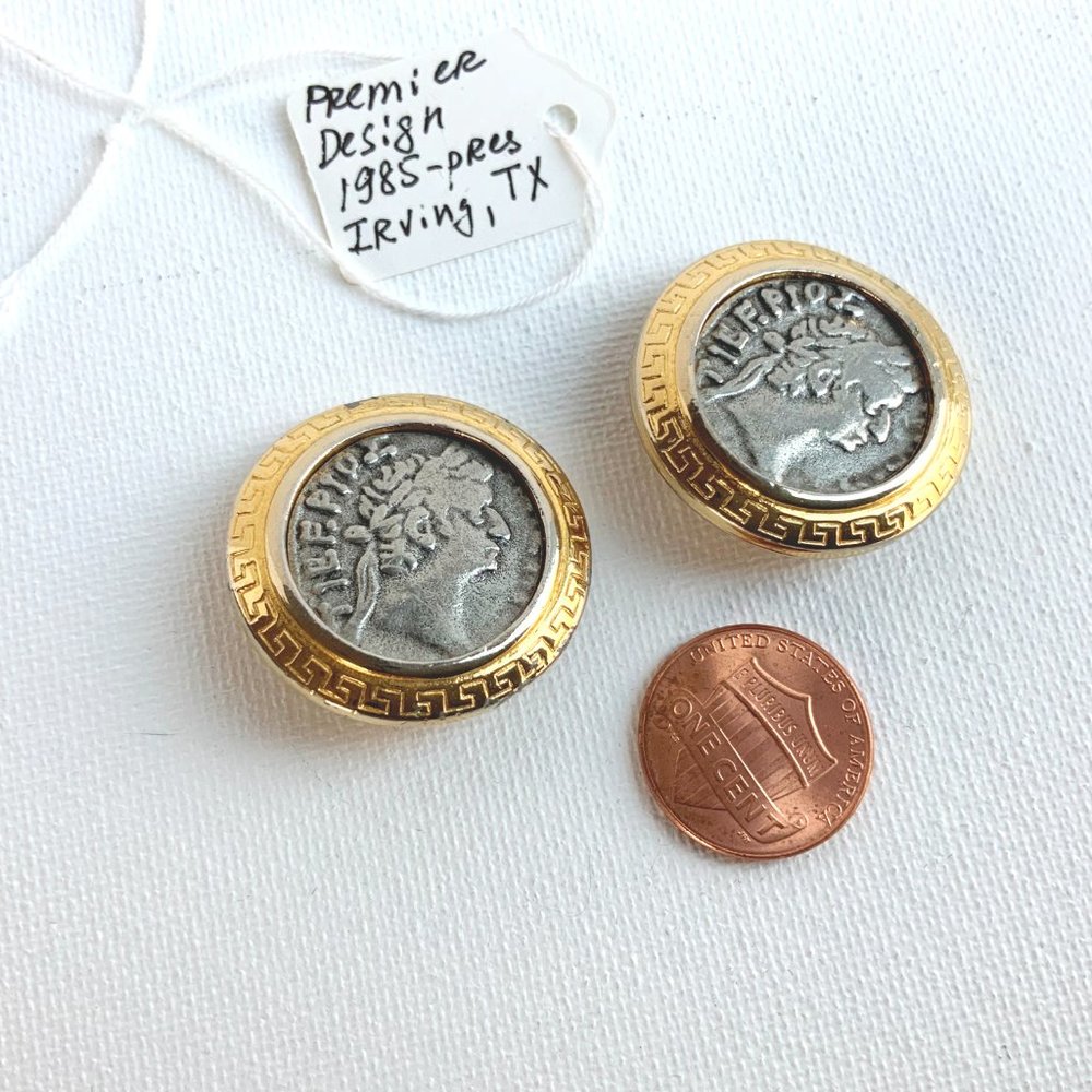 Vintage 80s Premier Designs Silver And Gold Tone Coin Clip On Earrings - Picture 14 of 16